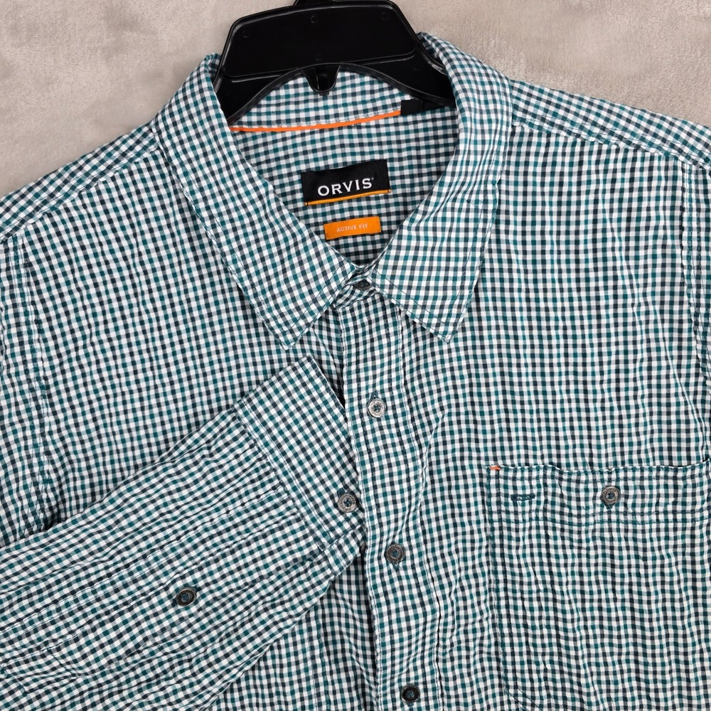 Orvis fishing Mens XL Green Gingham Active Fit Long Sleeve Button Down‎ Shirt